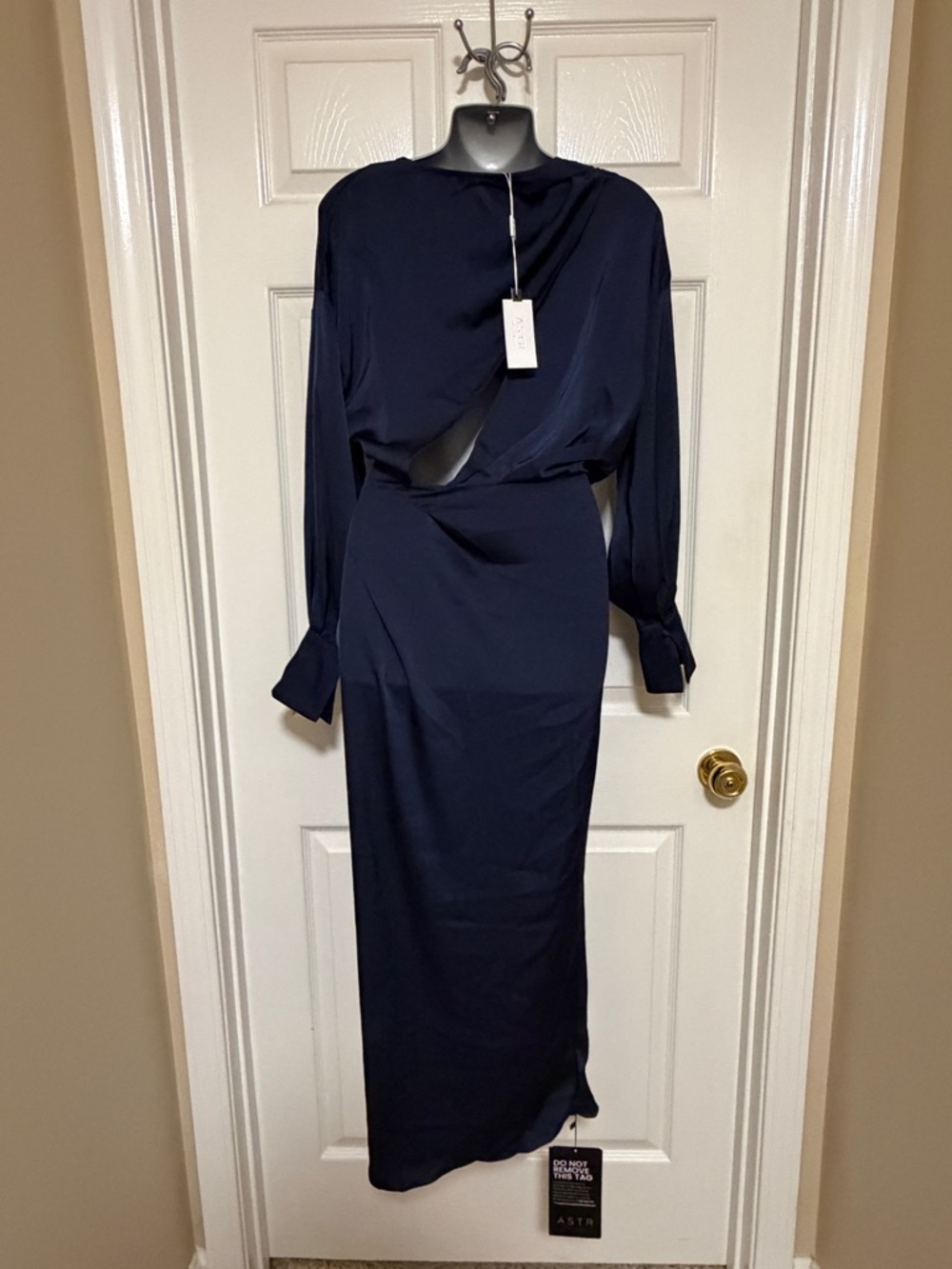 ASTR The Label Midnight Blue Satin Wrap Midi Dress Cutout NWT Small - Picture 3 of 8